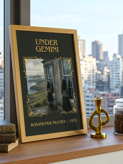 Under Gemini Classic Book Art Print by Rosamunde Pilcher – framed print on a city-view windowsill