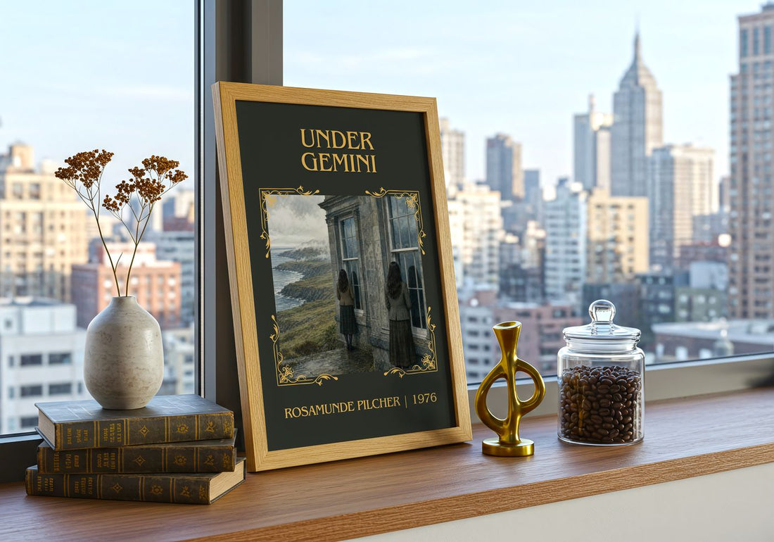 Under Gemini Classic Book Art Print by Rosamunde Pilcher – framed print on a city-view windowsill
