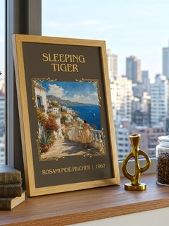 Sleeping Tiger Classic Book Art Print by Rosamunde Pilcher – framed print on a city-view windowsill