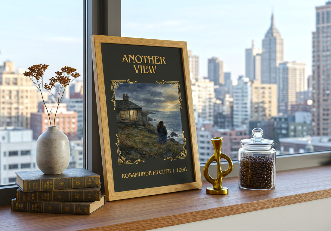 Another View Classic Book Art Print by Rosamunde Pilcher – framed print on a city-view windowsill