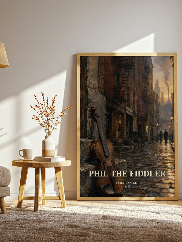 Phil The Fiddler watercolour print in frame leaning in hallway – childrens wall art