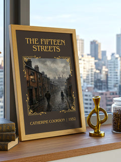 The Fifteen Streets Classic Book Art Print by Catherine Cookson – framed print on a city-view windowsill