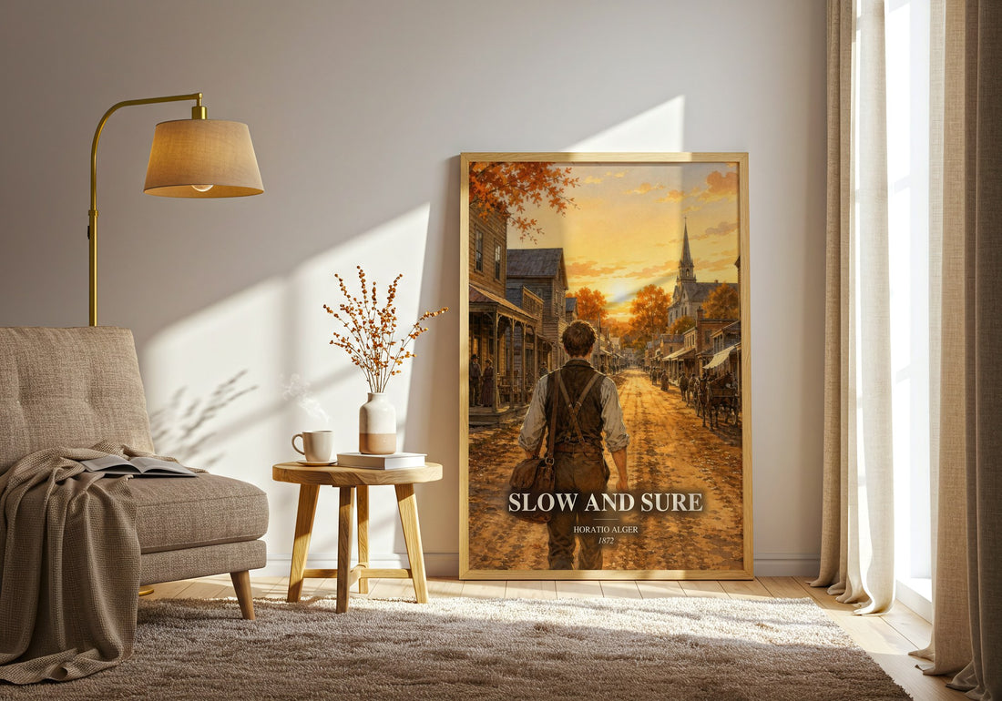 Slow And Sure watercolour print in frame leaning in hallway – childrens wall art (mockup)