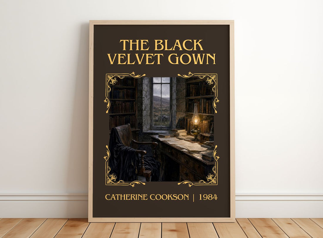The Black Velvet Gown Classic Book Art Print by Catherine Cookson – framed print leaning on a wooden floor