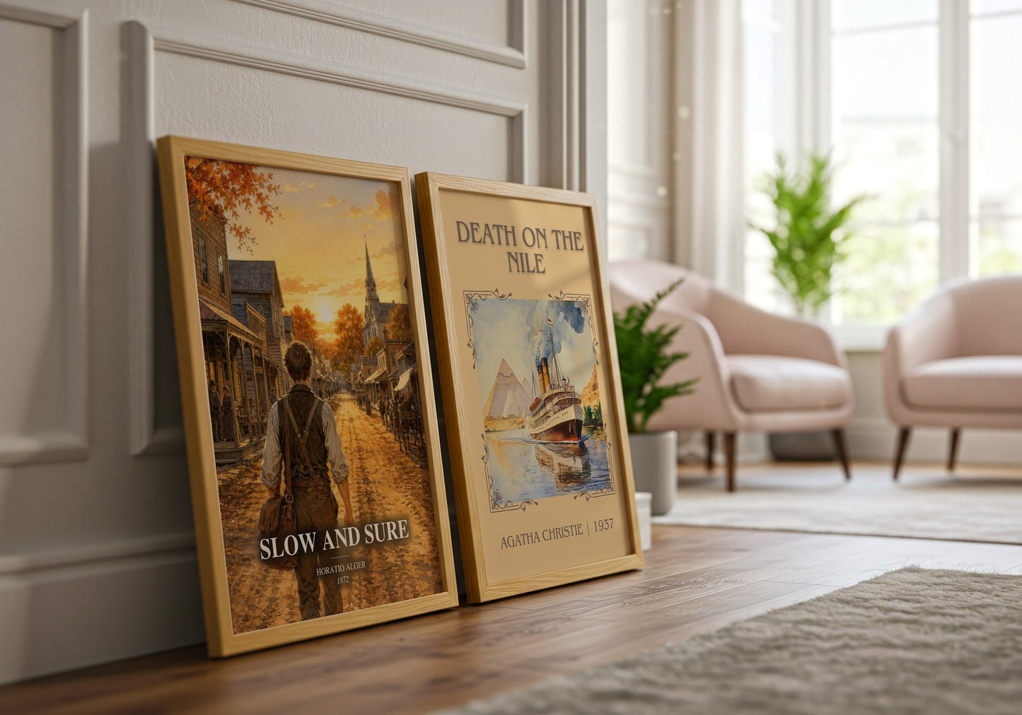 Slow And Sure watercolour print framed by window – literary home decor