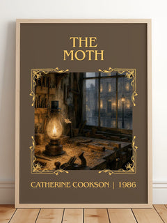 The Moth Classic Book Art Print by Catherine Cookson – framed print leaning on a wooden floor