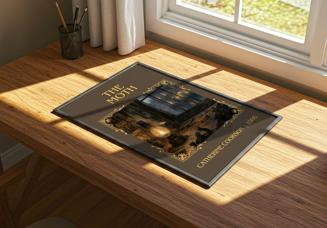 The Moth Classic Book Art Print by Catherine Cookson – print on a sunlit desk