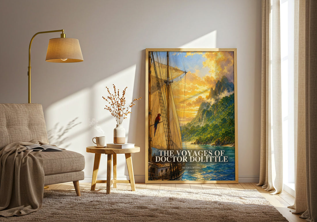 The Voyages Of Doctor Dolittle watercolour print in frame leaning in hallway – childrens wall art (mockup)