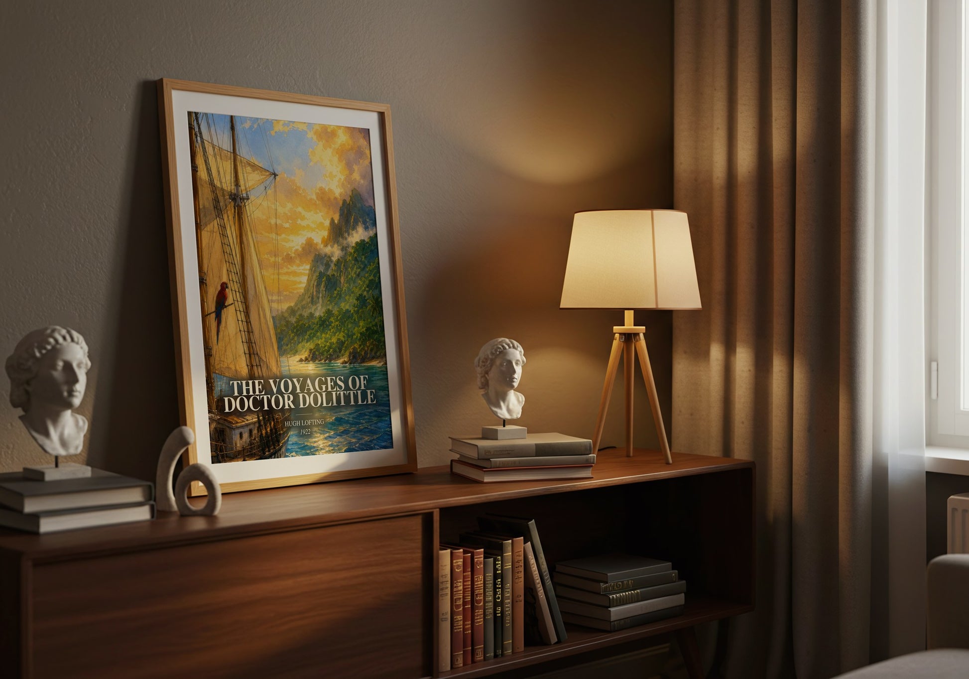 The Voyages Of Doctor Dolittle watercolour print on bookshelf – Hugh Lofting fan gift