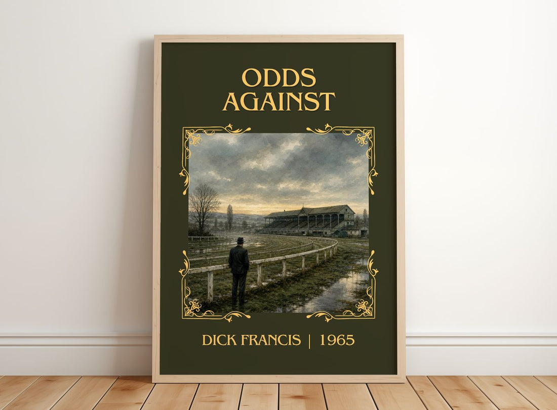 Odds Against Classic Book Art Print by Dick Francis – framed print leaning on a wooden floor