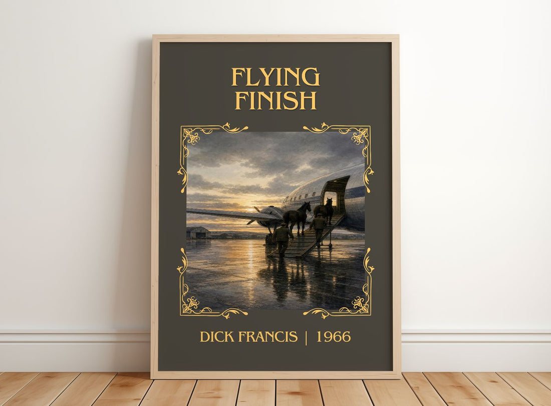 Flying Finish Classic Book Art Print by Dick Francis – framed print leaning on a wooden floor