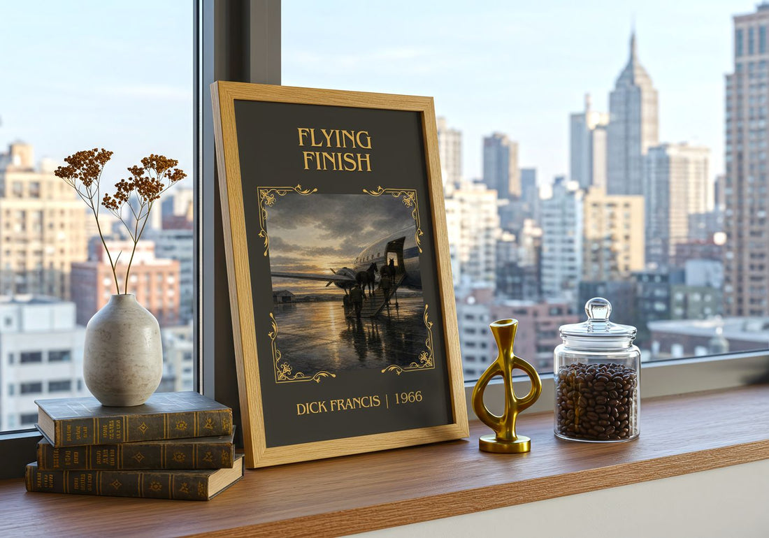 Flying Finish Classic Book Art Print by Dick Francis – framed print on a city-view windowsill