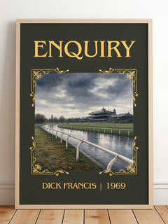 Enquiry Classic Book Art Print by Dick Francis – framed print leaning on a wooden floor