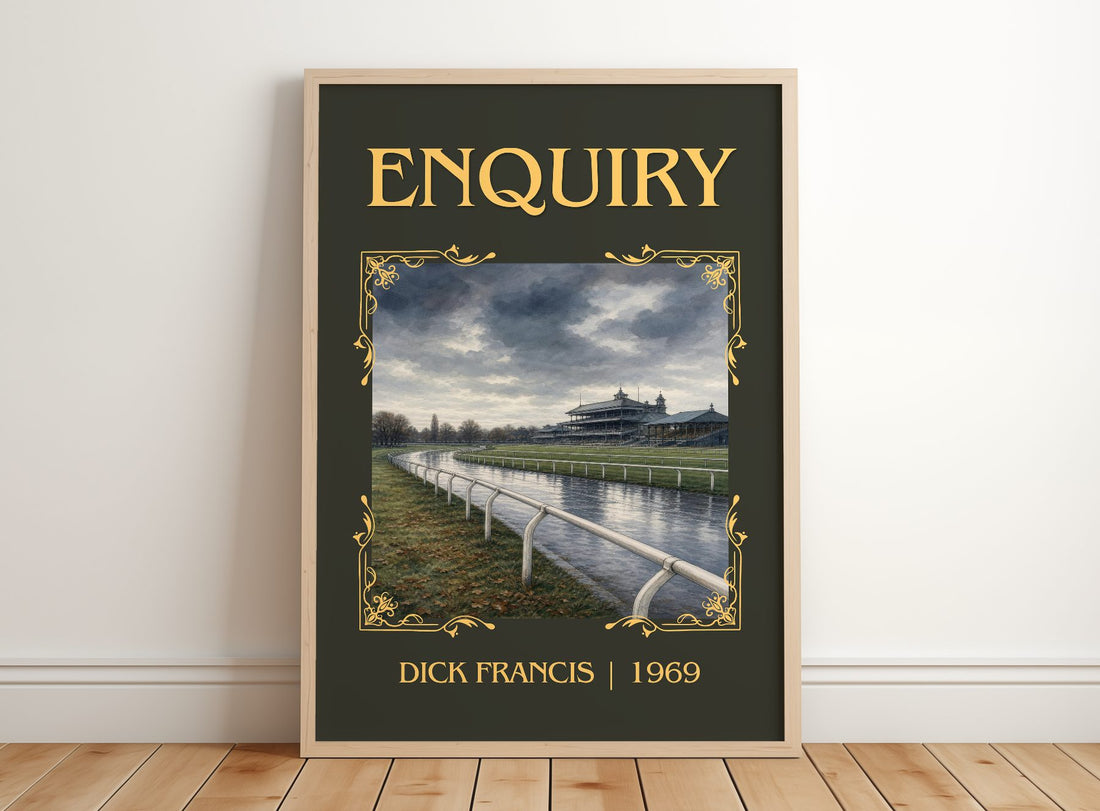 Enquiry Classic Book Art Print by Dick Francis – framed print leaning on a wooden floor