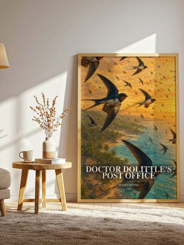 Doctor Dolittle'S Post Office watercolour print in frame leaning in hallway – childrens wall art