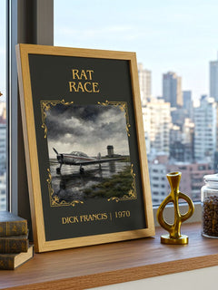 Rat Race Classic Book Art Print by Dick Francis – framed print on a city-view windowsill