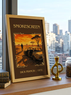 Smokescreen Classic Book Art Print by Dick Francis – framed print on a city-view windowsill