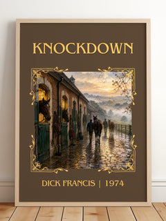 Knockdown Classic Book Art Print by Dick Francis – framed print leaning on a wooden floor