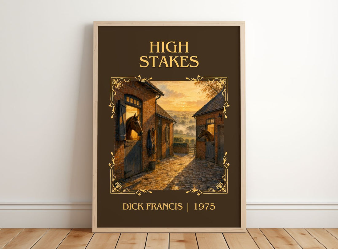 High Stakes Classic Book Art Print by Dick Francis – framed print leaning on a wooden floor