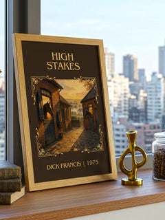 High Stakes Classic Book Art Print by Dick Francis – framed print on a city-view windowsill