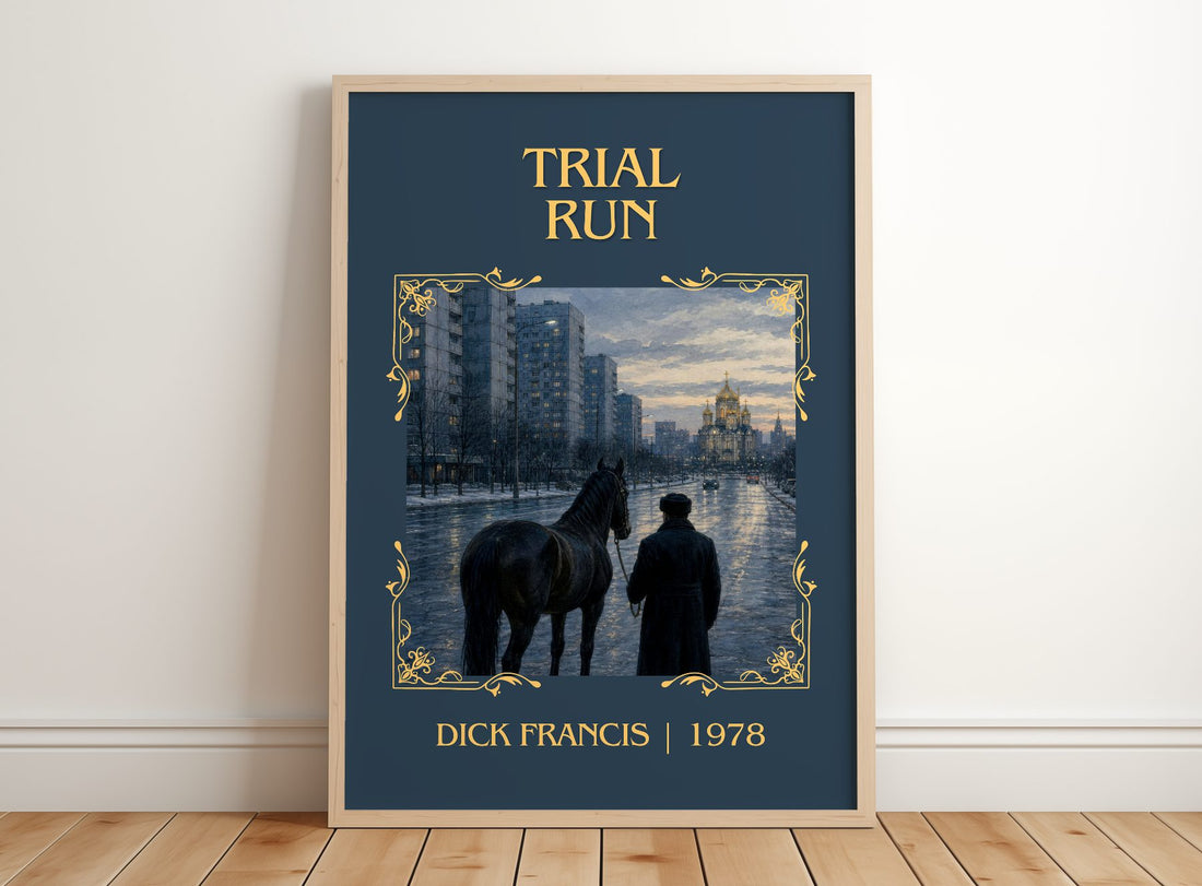 Trial Run Classic Book Art Print by Dick Francis – framed print leaning on a wooden floor