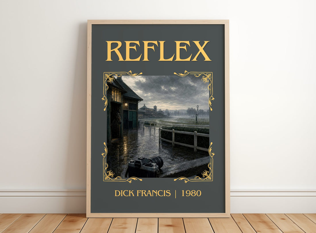 Reflex Classic Book Art Print by Dick Francis – framed print leaning on a wooden floor
