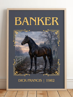 Banker Classic Book Art Print by Dick Francis – framed print leaning on a wooden floor