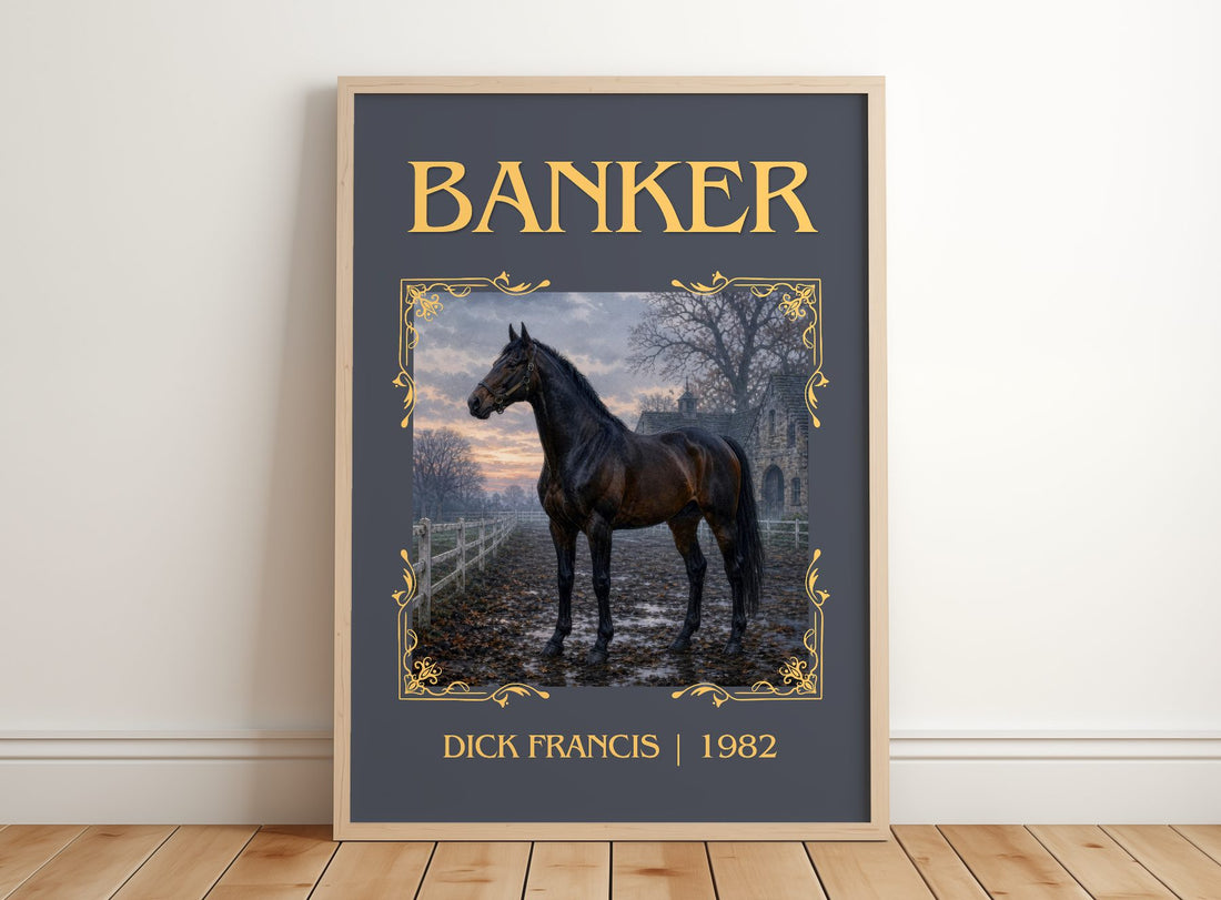 Banker Classic Book Art Print by Dick Francis – framed print leaning on a wooden floor