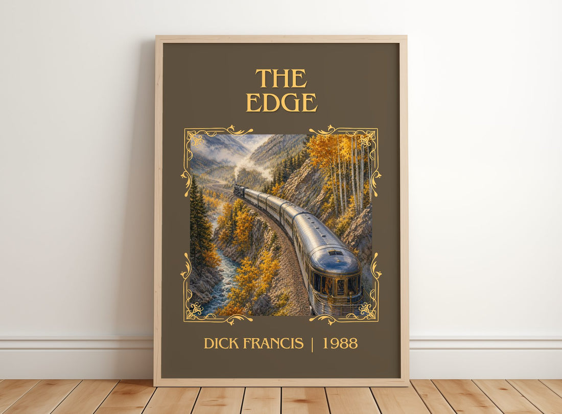 The Edge Classic Book Art Print by Dick Francis – framed print leaning on a wooden floor
