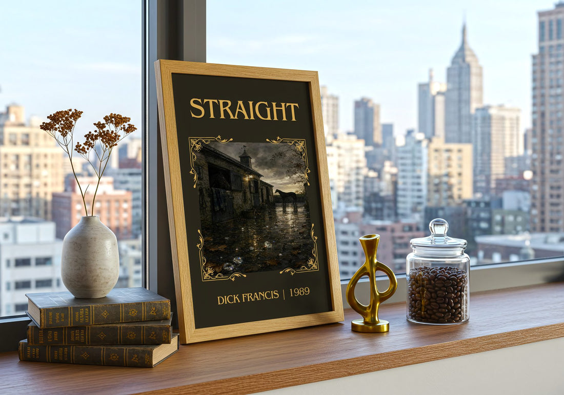 Straight Classic Book Art Print by Dick Francis – framed print on a city-view windowsill