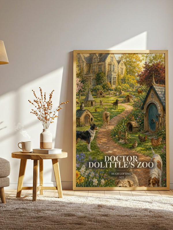 Doctor Dolittle'S Zoo watercolour print in frame leaning in hallway – childrens wall art