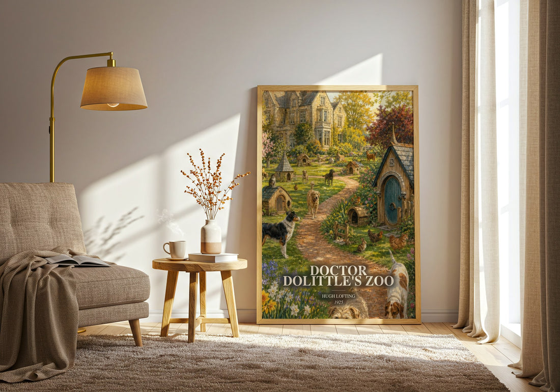 Doctor Dolittle'S Zoo watercolour print in frame leaning in hallway – childrens wall art (mockup)
