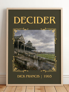 Decider Classic Book Art Print by Dick Francis – framed print leaning on a wooden floor