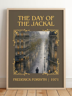 The Day of the Jackal Classic Book Art Print by Frederick Forsyth – framed print leaning on a wooden floor