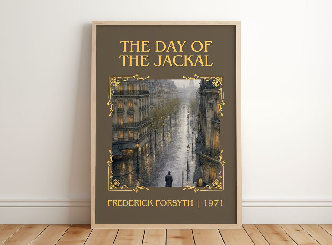 The Day of the Jackal Classic Book Art Print by Frederick Forsyth – framed print leaning on a wooden floor