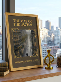 The Day of the Jackal Classic Book Art Print by Frederick Forsyth – framed print on a city-view windowsill