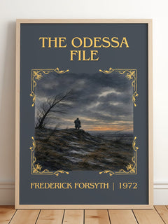The Odessa File Classic Book Art Print by Frederick Forsyth – framed print leaning on a wooden floor
