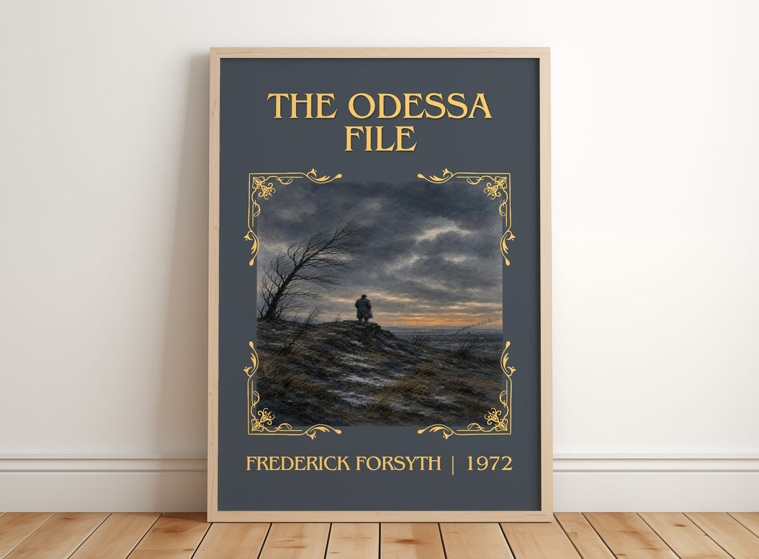 The Odessa File Classic Book Art Print by Frederick Forsyth – framed print leaning on a wooden floor