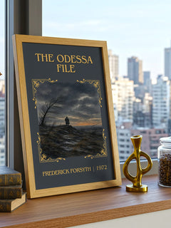 The Odessa File Classic Book Art Print by Frederick Forsyth – framed print on a city-view windowsill