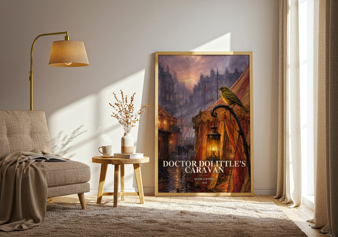 Doctor Dolittle'S Caravan watercolour print in frame leaning in hallway – childrens wall art (mockup)
