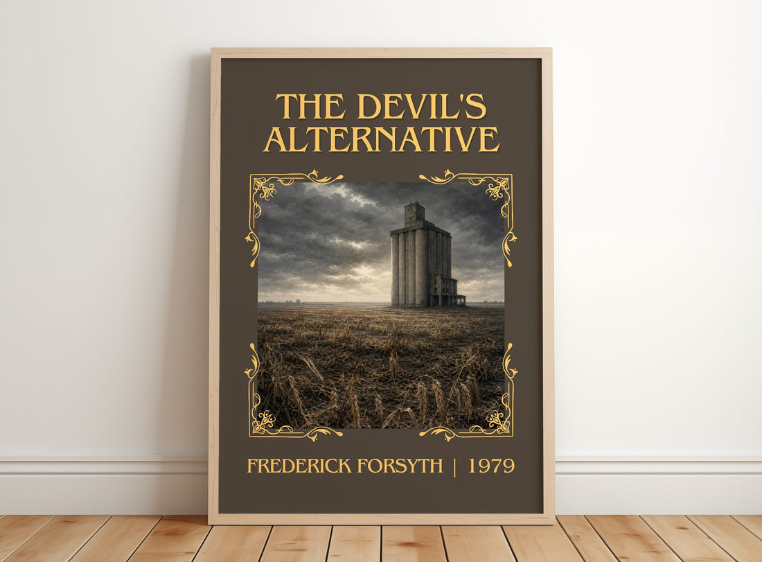 The Devil's Alternative Classic Book Art Print by Frederick Forsyth – framed print leaning on a wooden floor
