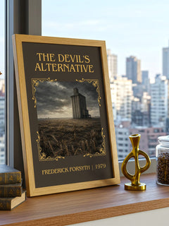 The Devil's Alternative Classic Book Art Print by Frederick Forsyth – framed print on a city-view windowsill
