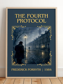 The Fourth Protocol Classic Book Art Print by Frederick Forsyth – framed print leaning on a wooden floor