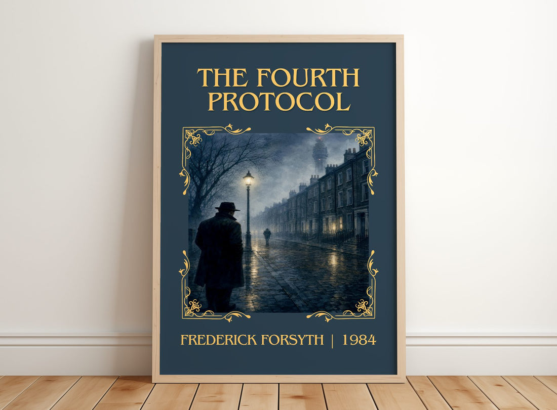 The Fourth Protocol Classic Book Art Print by Frederick Forsyth – framed print leaning on a wooden floor