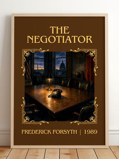 The Negotiator Classic Book Art Print by Frederick Forsyth – framed print leaning on a wooden floor