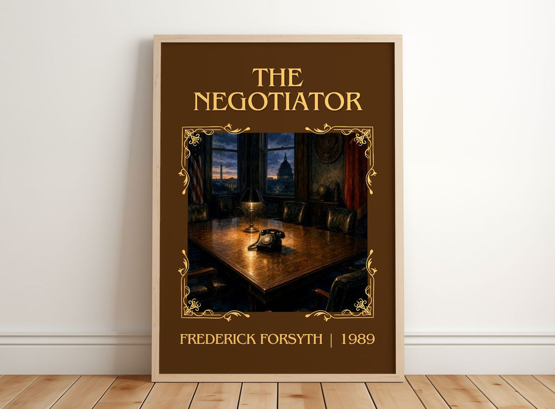 The Negotiator Classic Book Art Print by Frederick Forsyth – framed print leaning on a wooden floor