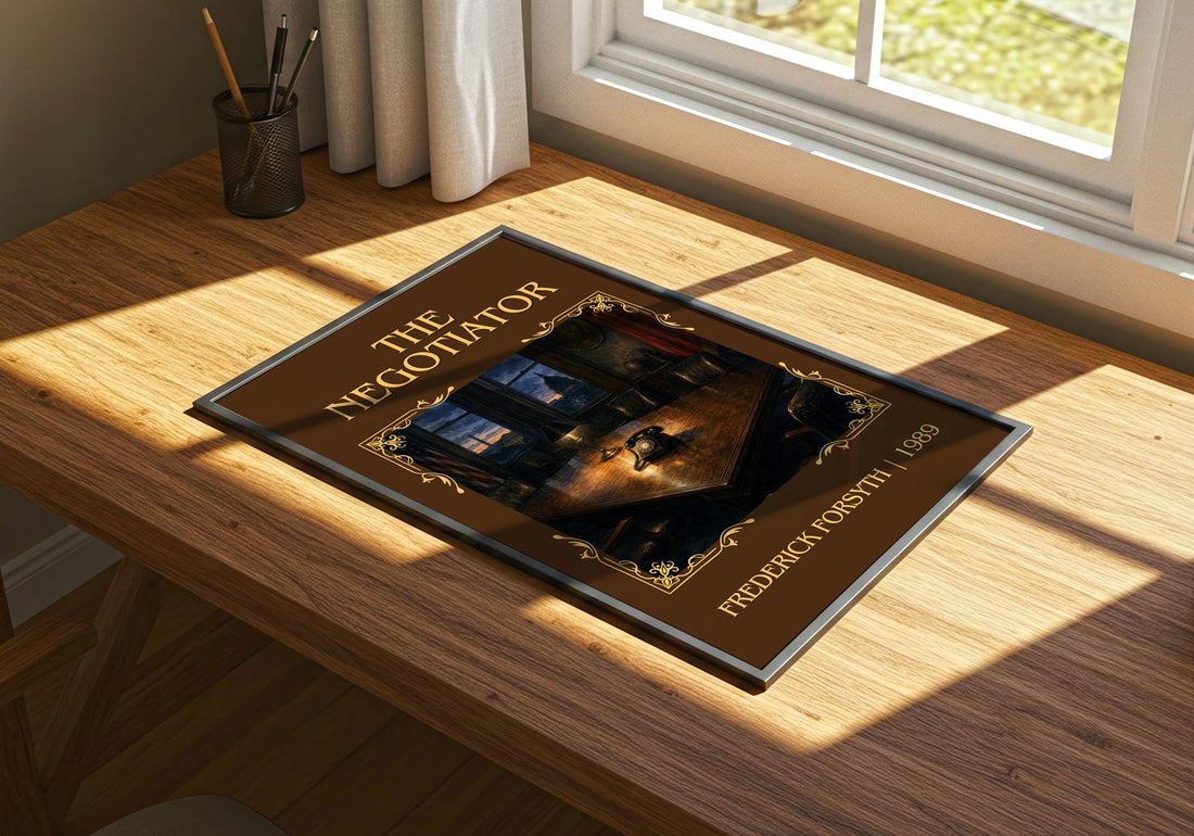 The Negotiator Classic Book Art Print by Frederick Forsyth – print on a sunlit desk