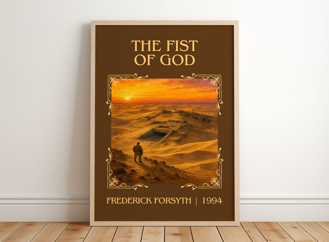 The Fist of God Classic Book Art Print by Frederick Forsyth – framed print leaning on a wooden floor