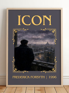 Icon Classic Book Art Print by Frederick Forsyth – framed print leaning on a wooden floor