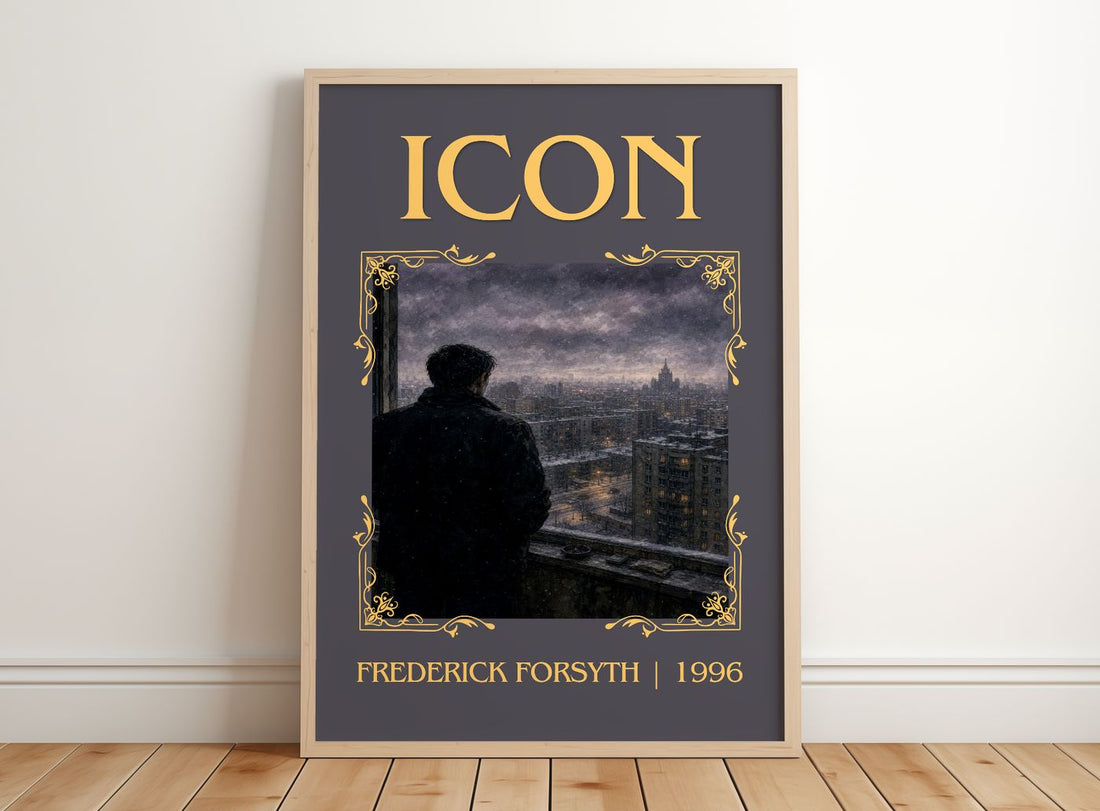 Icon Classic Book Art Print by Frederick Forsyth – framed print leaning on a wooden floor